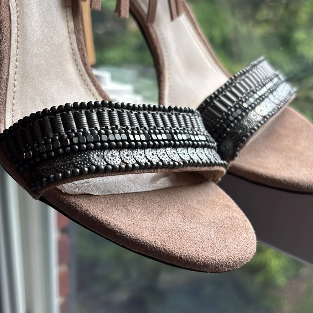 Vince Camuto Taupe Suede Fringe Beaded Open-Toe Heels